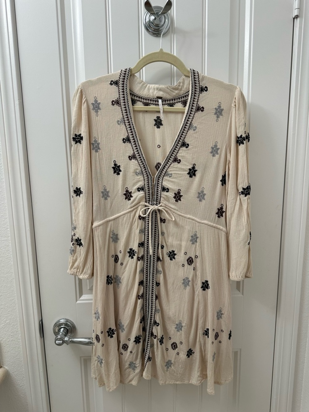 Free People Star Gazzer Embroidered Tie-Front Boho Mini Dress